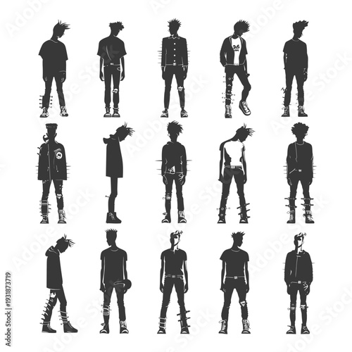 A collection of silhouette illustrations of punk rock individuals