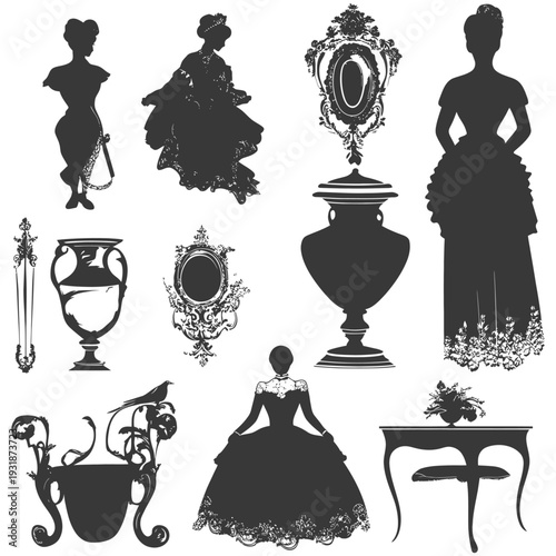 A Collection of Silhouette Illustrations Depicting Elegant Women, Ornate Mirrors, and Decorative Vases