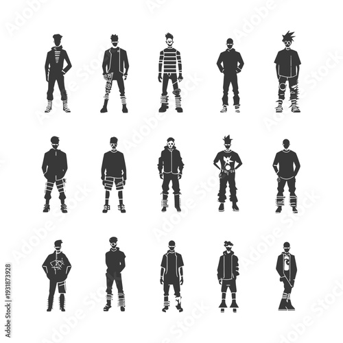 A Collection of Silhouettes Depicting Stylishly Dressed Men with Unique Hairstyles and Accessories