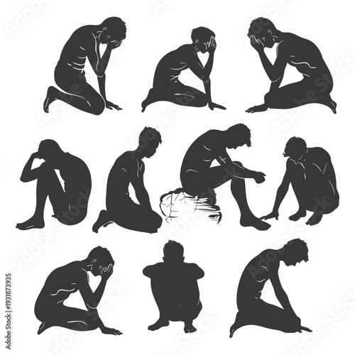 A Collection of Silhouettes Depicting Men in Various Poses of Despair and Sorrow