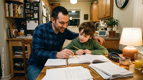 A smiling father helps his young son with homework at a kitchen table filled with papers and books under warm evening light.