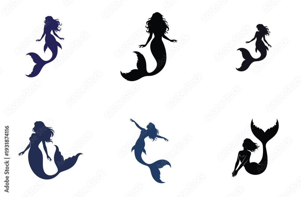 Fototapeta premium Mermaid Silhouette Collection Vector Illustration