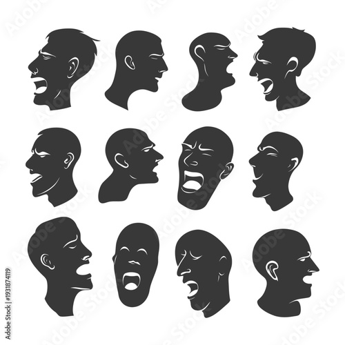 A Collection of Silhouettes of Shouting Male Faces