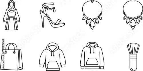 Set of outline icons representing various women's fashion accessories and clothing items