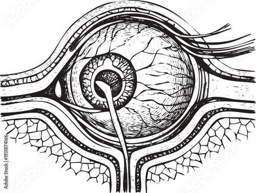 Detailed anatomy of human eye, cross-section illustration