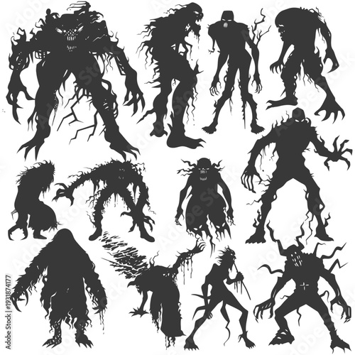 A Collection of Silhouettes of Monstrous Creatures with Claws and Sharp Teeth
