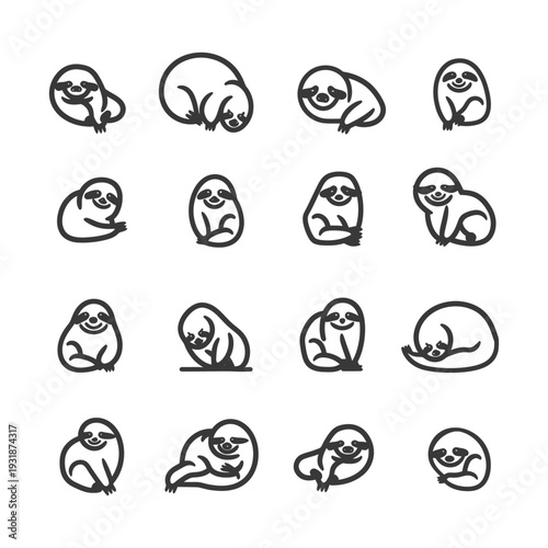 A Collection of Sixteen Black and White Outline Sloth Illustrations