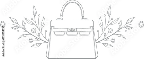 Elegant line art drawing of a classic structured handbag framed by delicate foliage