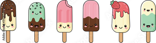 Cute Kawaii Ice Cream Popsicles Set with Chocolate Strawberry and Mint Flavors Cartoon Vector Illustration