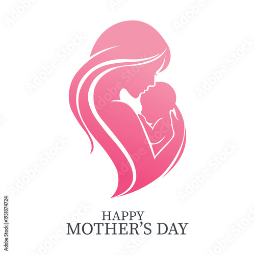 Pink silhouette of a mother holding a baby in arms, creating a heart shape for a happy Mother's Day concept artwork