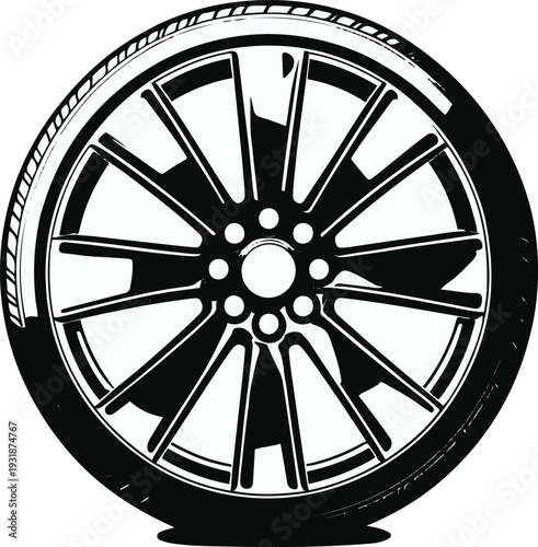 Minimalist car tire tread wheel vector sticker, bold black thick clean outline, pure white background, isolated object 1