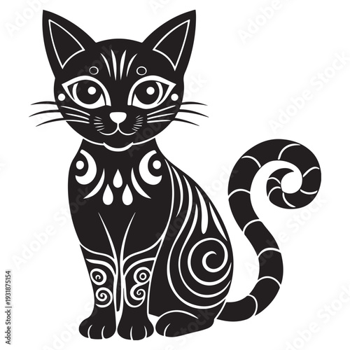 Black cat with tribal patterns sitting vector illustration flat design graphic art