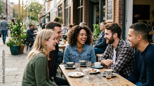 A diverse group of friends laughing and enjoying coffee at an outdoor cafe on a sunny day.