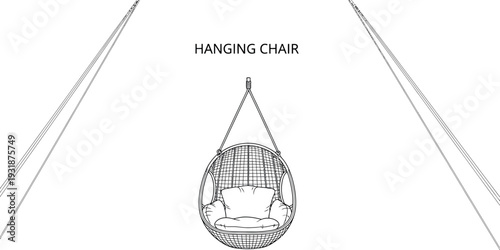 Simple line art drawing of an egg shaped rattan hanging chair with cushions