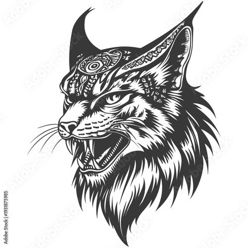 Aggressive Black and White Illustration of a Bobcat's Head