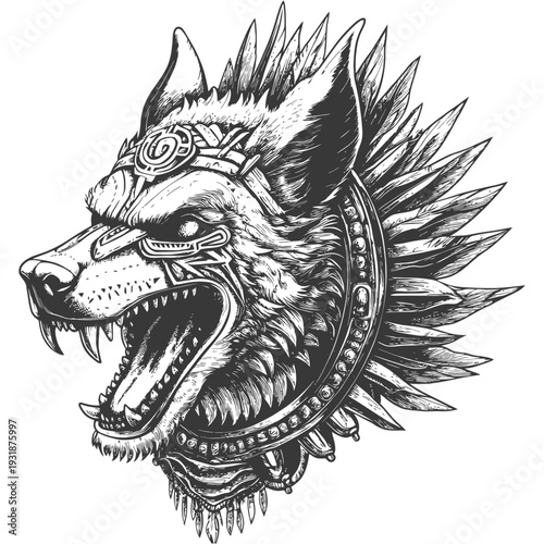 A fierce, snarling wolf's head adorned with feathers and tribal adornments