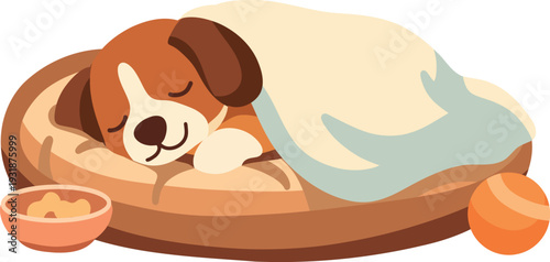 Cute flat vector illustration of a sleeping dog resting comfortably under a blanket in a pet bed, symbolizing care, recovery, wellness, and comfort. Ideal for veterinary services, pet insurance