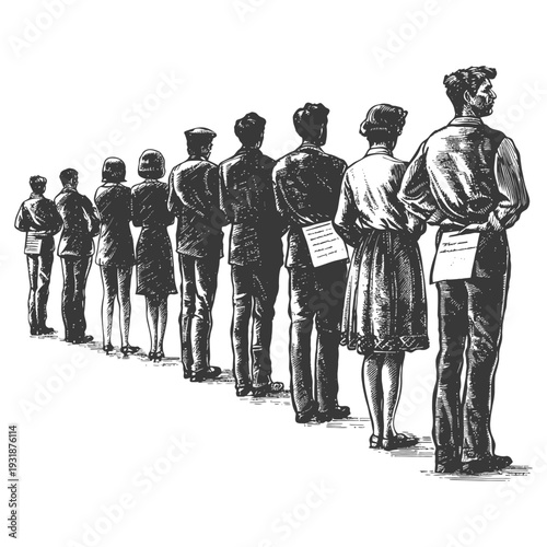 A Group of People Standing in Line Facing Away From the Viewer