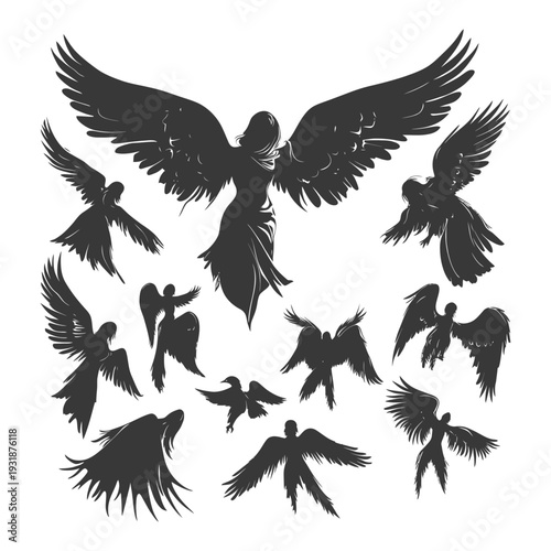 A Group of Silhouetted Angels with Wings Spread