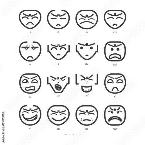 A Grid of 12 Black and White Hand-Drawn Emojis Displaying Anger and Sadness