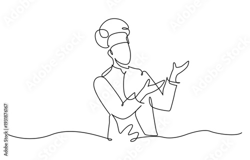 Single continuous line drawing of young friendly man chef in uniform pose serving menu at screen display. Online food restaurant banner concept one line drawing design vector graphic illustration