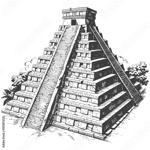 A hand-drawn illustration of an ancient Mayan pyramid with a long staircase.