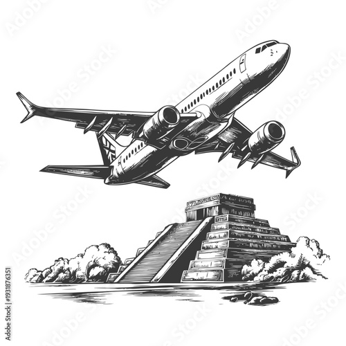 Airplane Flying Over Ancient Mayan Pyramid