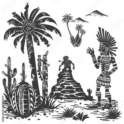 A Native American Shaman Stands Before a Sacred Totem Pole in a Tropical Setting