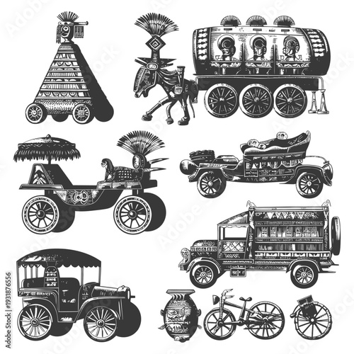 Ancient and Modern Vehicles with Ornamental Designs