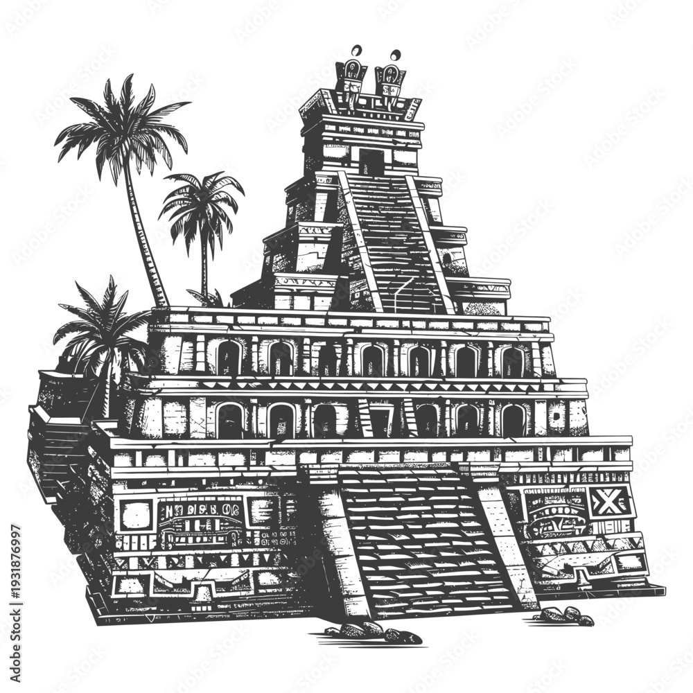 Fototapeta premium Ancient Mayan Pyramid with Palm Trees