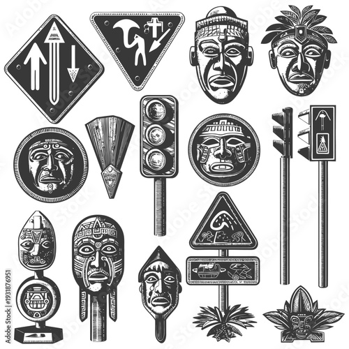 Ancient Mayan Masks and Traffic Signs in Black and White