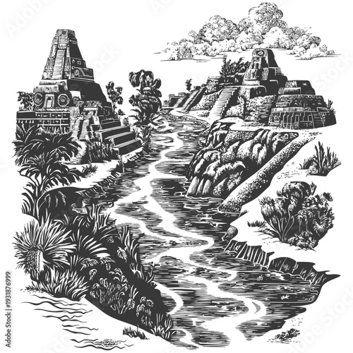 Ancient Mayan Ruins With River and Lush Vegetation