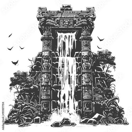 Ancient Mayan Temple with Waterfall and Jungle