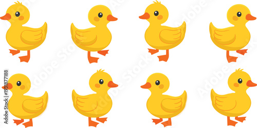 Cute Yellow Duckling Set Cartoon Baby Duck Characters Collection Farm Animal Vector Illustration