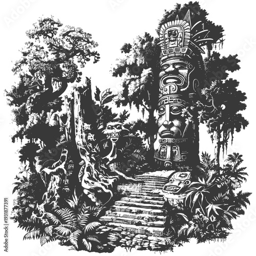 Ancient Stone Totem Standing in a Dense Jungle