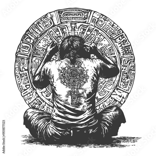 A Person Meditating in Front of an Aztec Calendar Stone