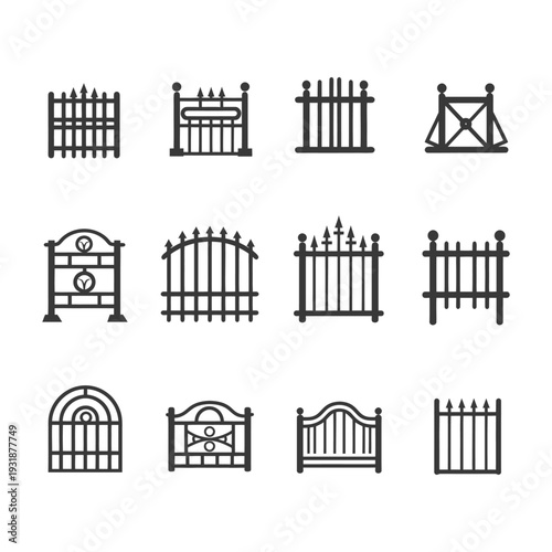 A Set of 12 Black and White Fence and Gate Icons