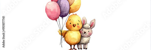 A chick and a lamb walk together, holding hands. They carry balloons and a gift. Flowers are scattered around as they enjoy the Easter holiday, banner