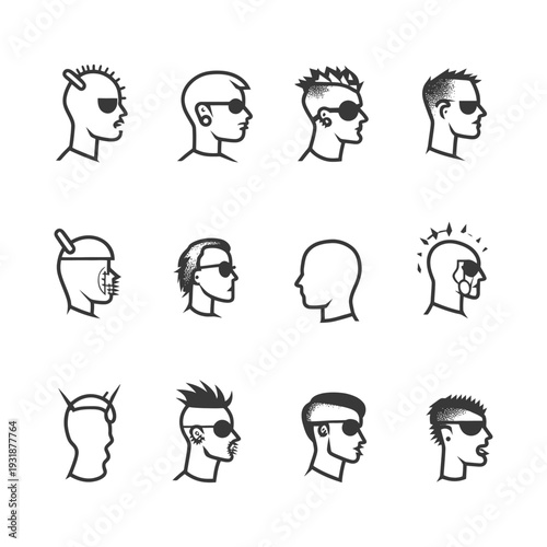 A set of 12 diverse male head illustrations with various hairstyles and accessories.