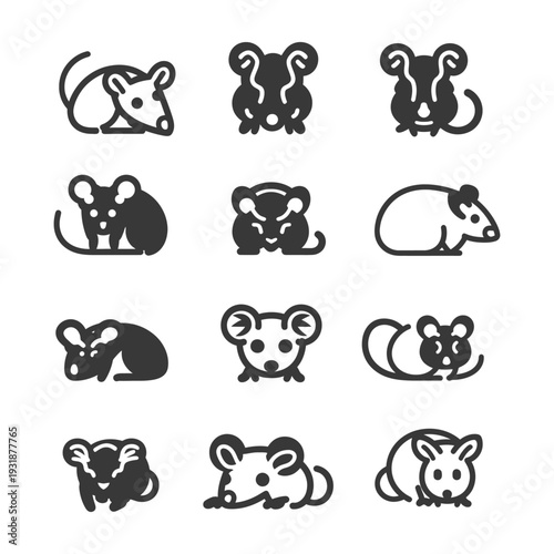 A Set of 12 Black and White Mouse Icons in Different Poses