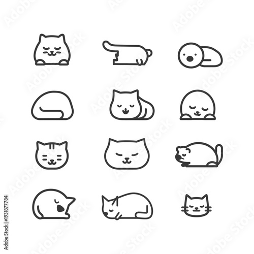 A Set of 12 Cute Cat Icons in Various Sleeping Positions