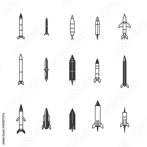 A Set of 15 Black and White Rocket and Missile Icons