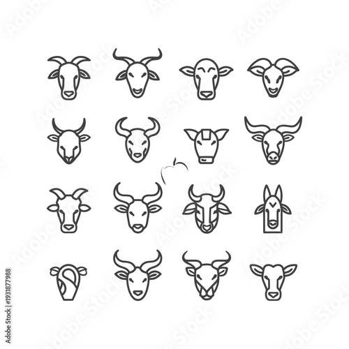 A Set of 14 Outline Illustrations of Cow, Goat, and Bull Heads