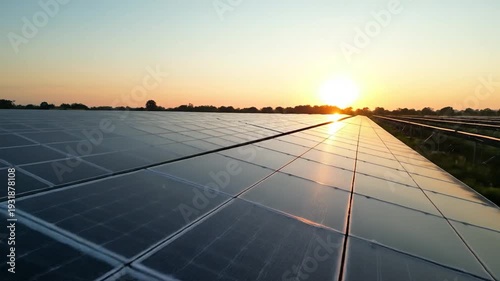 Large solar panels in a field reflect golden sunset light as the sun dips below horizon