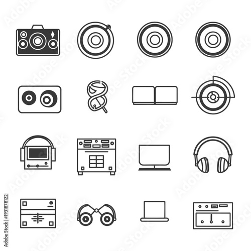 A Set of 16 Black and White Icons Related to Music and Audio