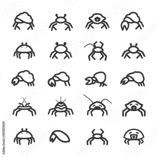 A Set of 16 Black and White Crab Line Icons
