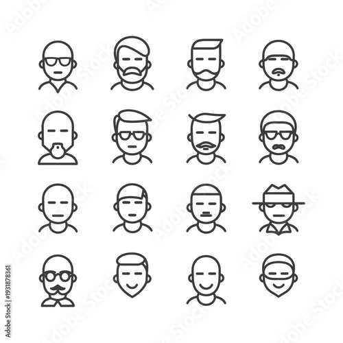 A Set of 16 Line Drawings Depicting Male Faces with Various Hairstyles and Facial Features