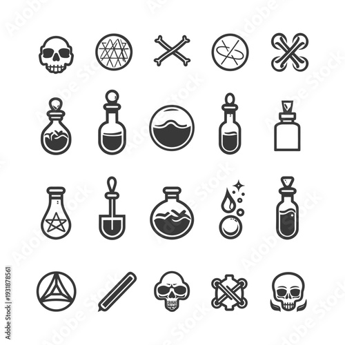 A Set of 18 Black and White Icons Depicting Potions, Skulls, and Bones