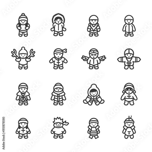 A Set of 16 Winter-Themed People Line Icons