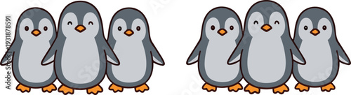 Group of Cute Penguin Characters Standing Together Cartoon Arctic Birds Vector Illustration Set Isolated